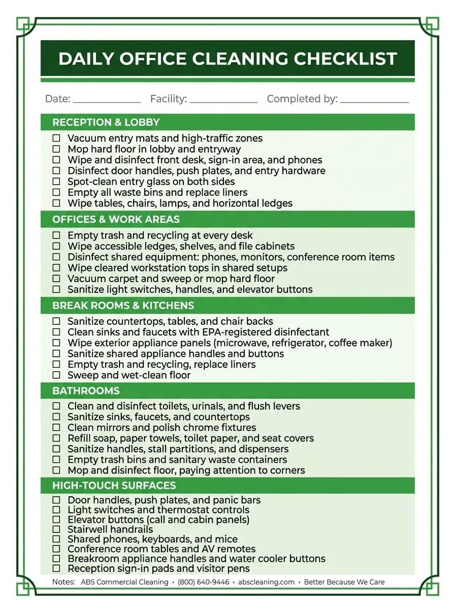 Commercial Office Cleaning Checklist for 2026 (Printable & Infographic)