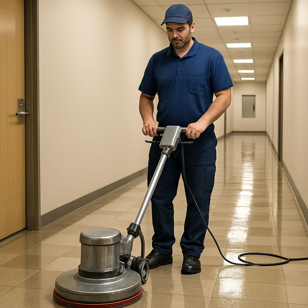 Janitorial staff operating a floor buffer to maintain highly polished floors in a commercial hallway in English