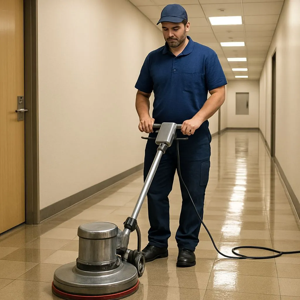 Janitorial staff operating a floor buffer to maintain highly polished floors in a commercial hallway in English