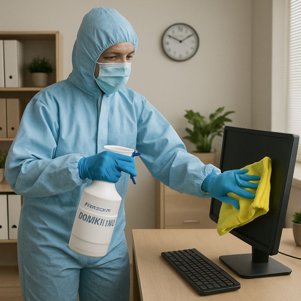 A cleaning technician using EPA-approved disinfectants and a microfiber cloth to sanitize high-touch office surfaces in English