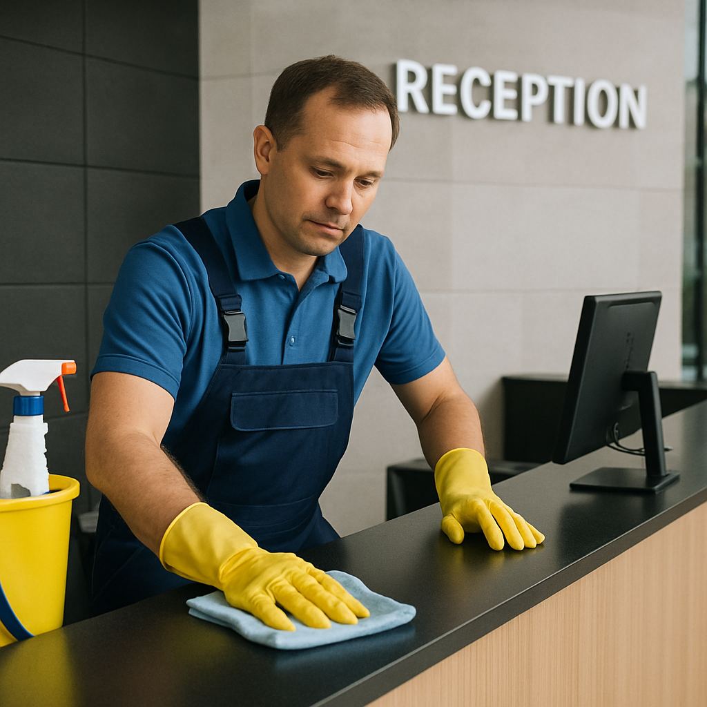 A professional commercial cleaner wiping down a modern corporate reception desk in English