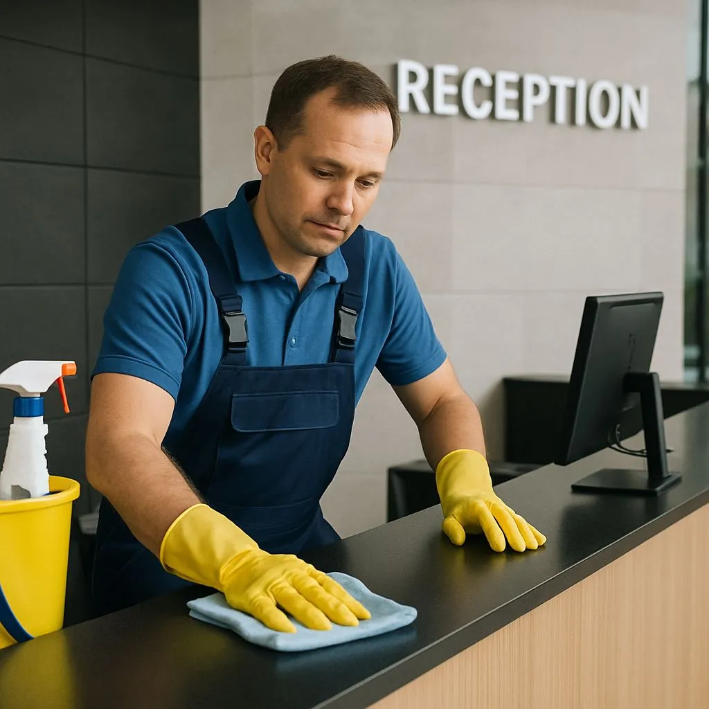 A professional commercial cleaner wiping down a modern corporate reception desk in English