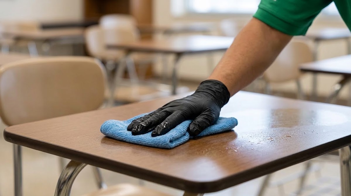 Gloved hand wiping a student desk with a blue microfiber cloth
