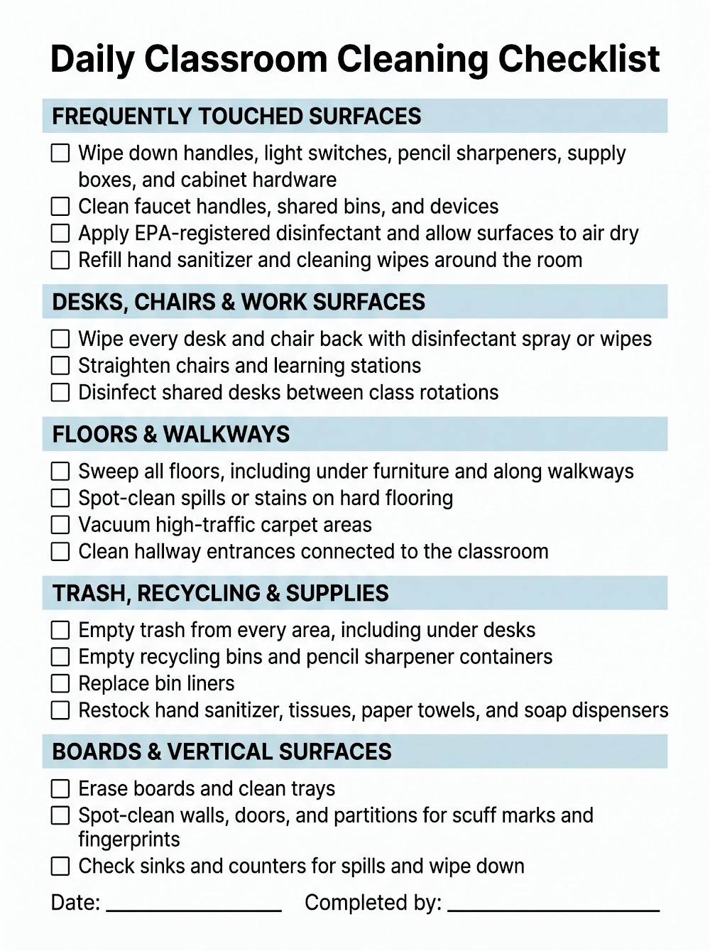 Printable daily classroom cleaning checklist