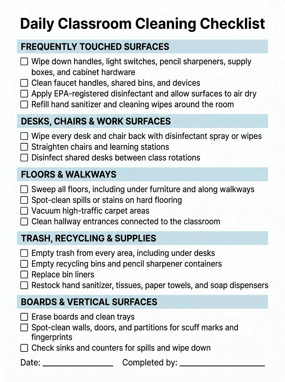 Printable daily classroom cleaning checklist