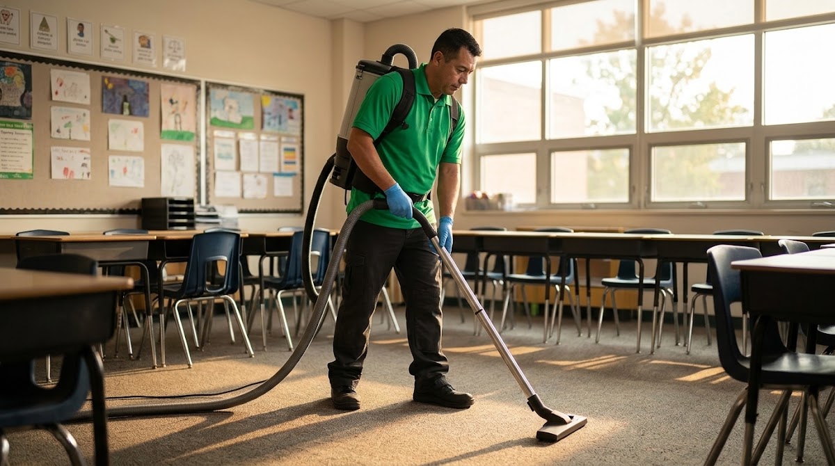 Cleaning crew member vacuuming a school classroom floor with a backpack vacuum