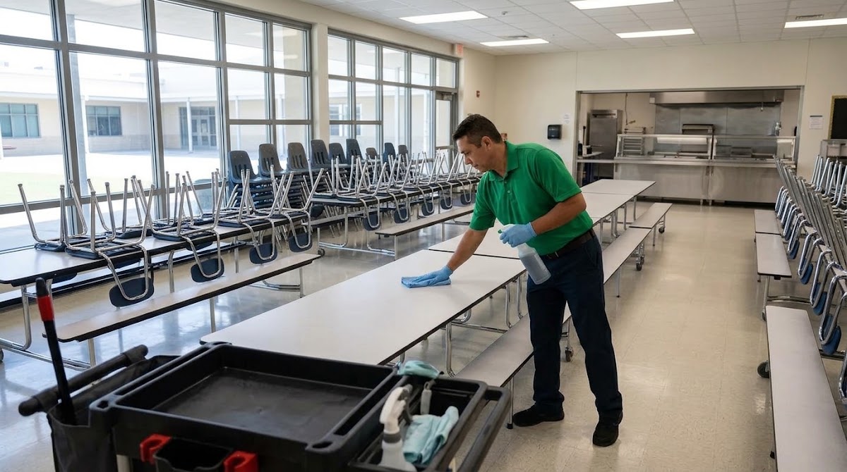 Cleaning professional wiping down cafeteria tables in a school lunch room