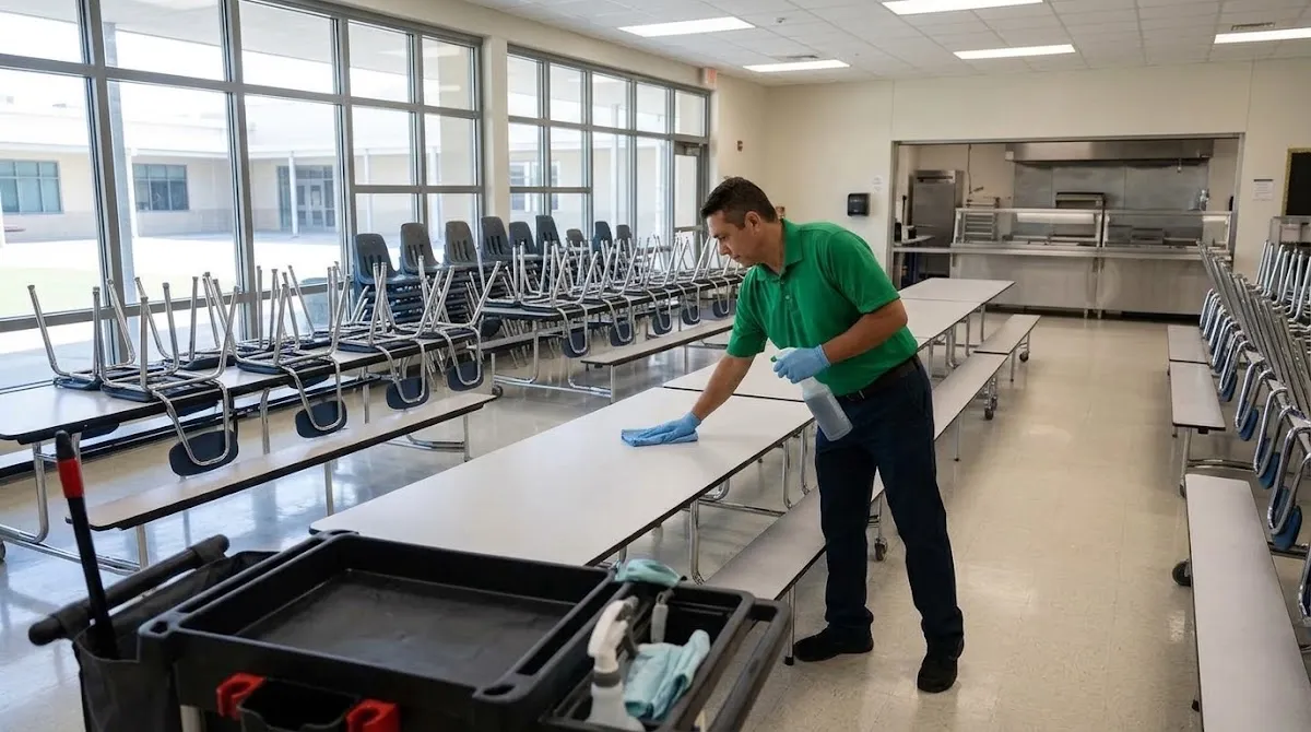 Cleaning professional wiping down cafeteria tables in a school lunch room