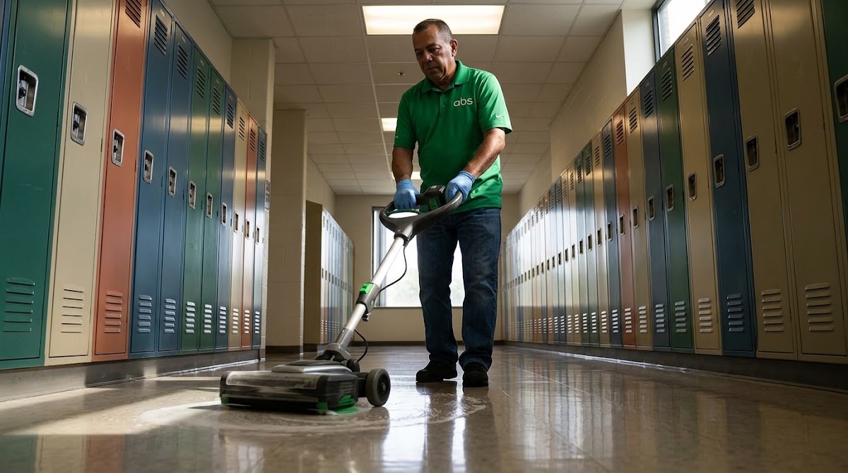 ABS crew member operating a floor buffer in a school hallway lined with lockers