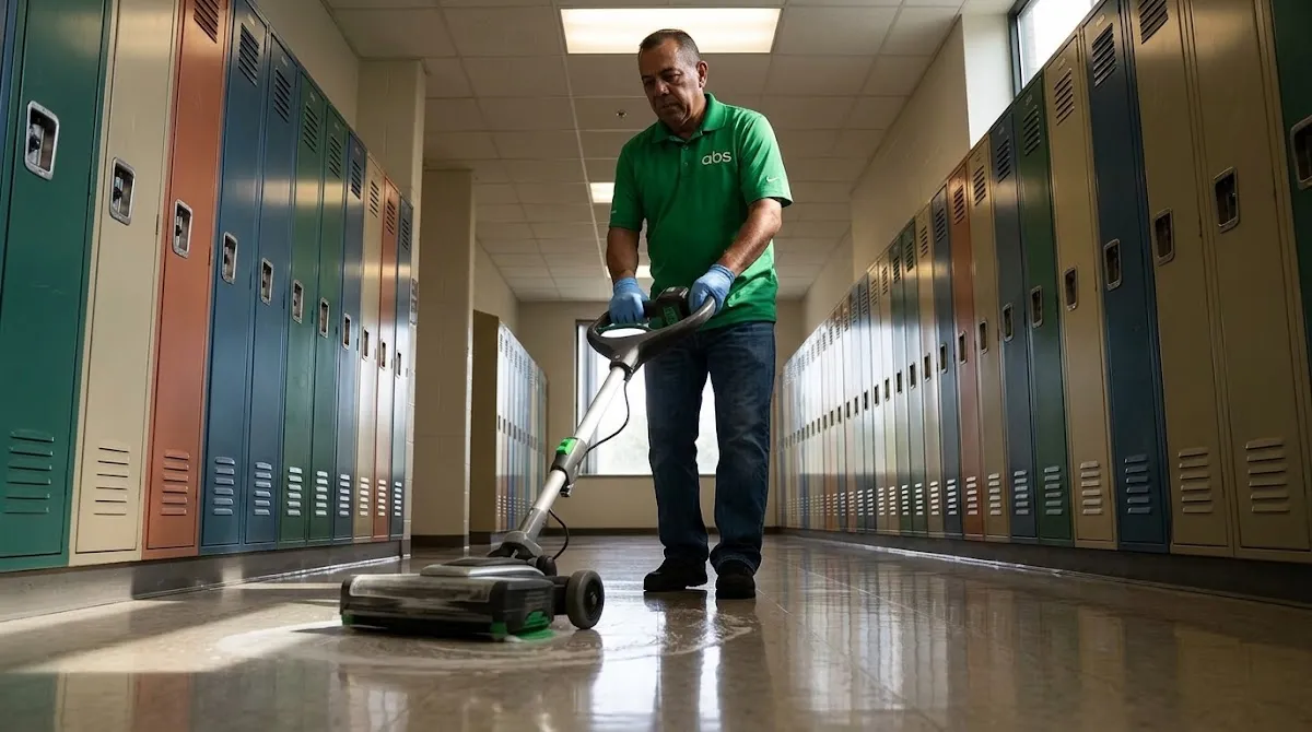 ABS crew member operating a floor buffer in a school hallway lined with lockers
