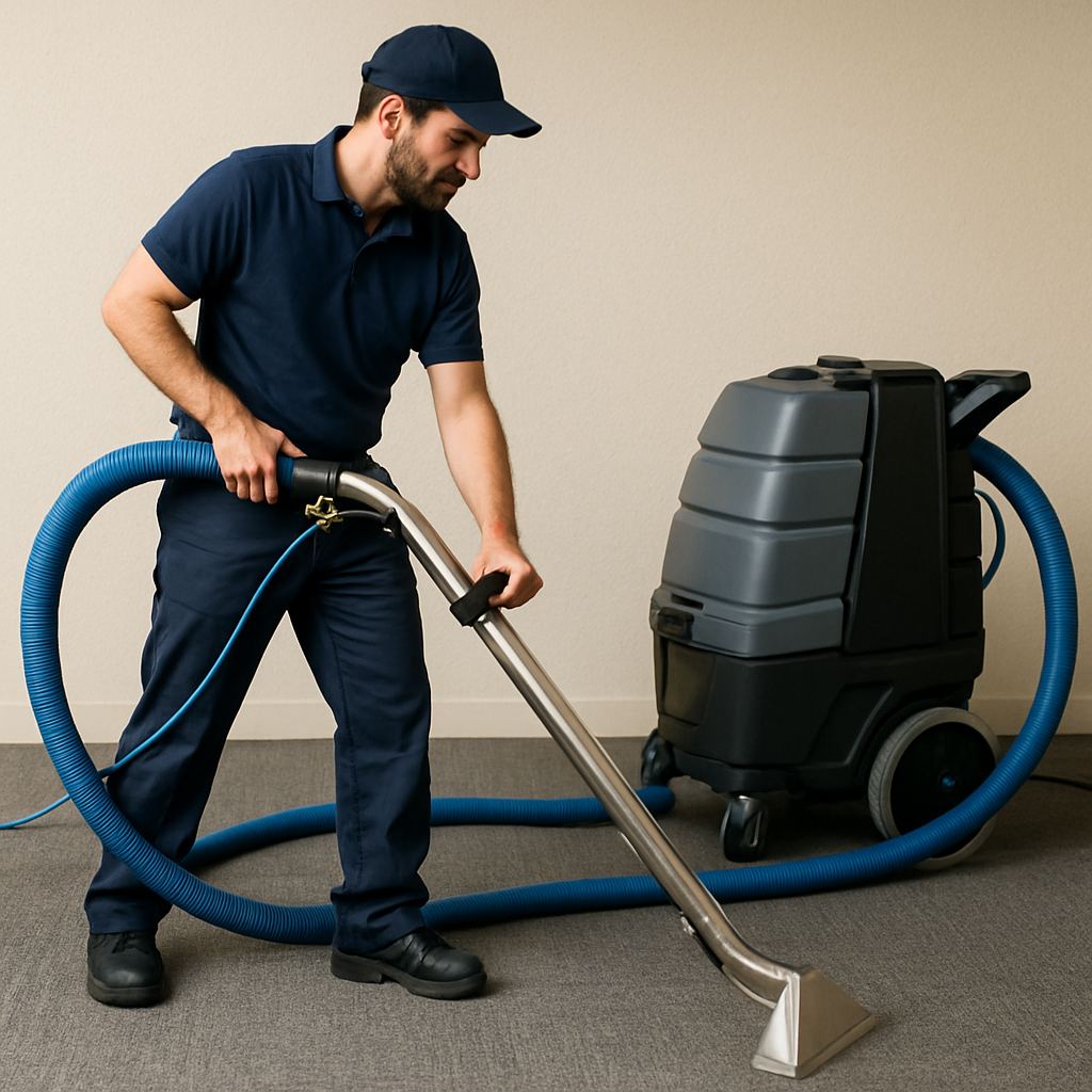 A professional carpet cleaner using advanced equipment on a commercial carpet