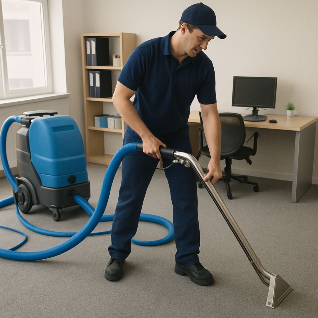 Technician performing deep carpet cleaning in an office setting