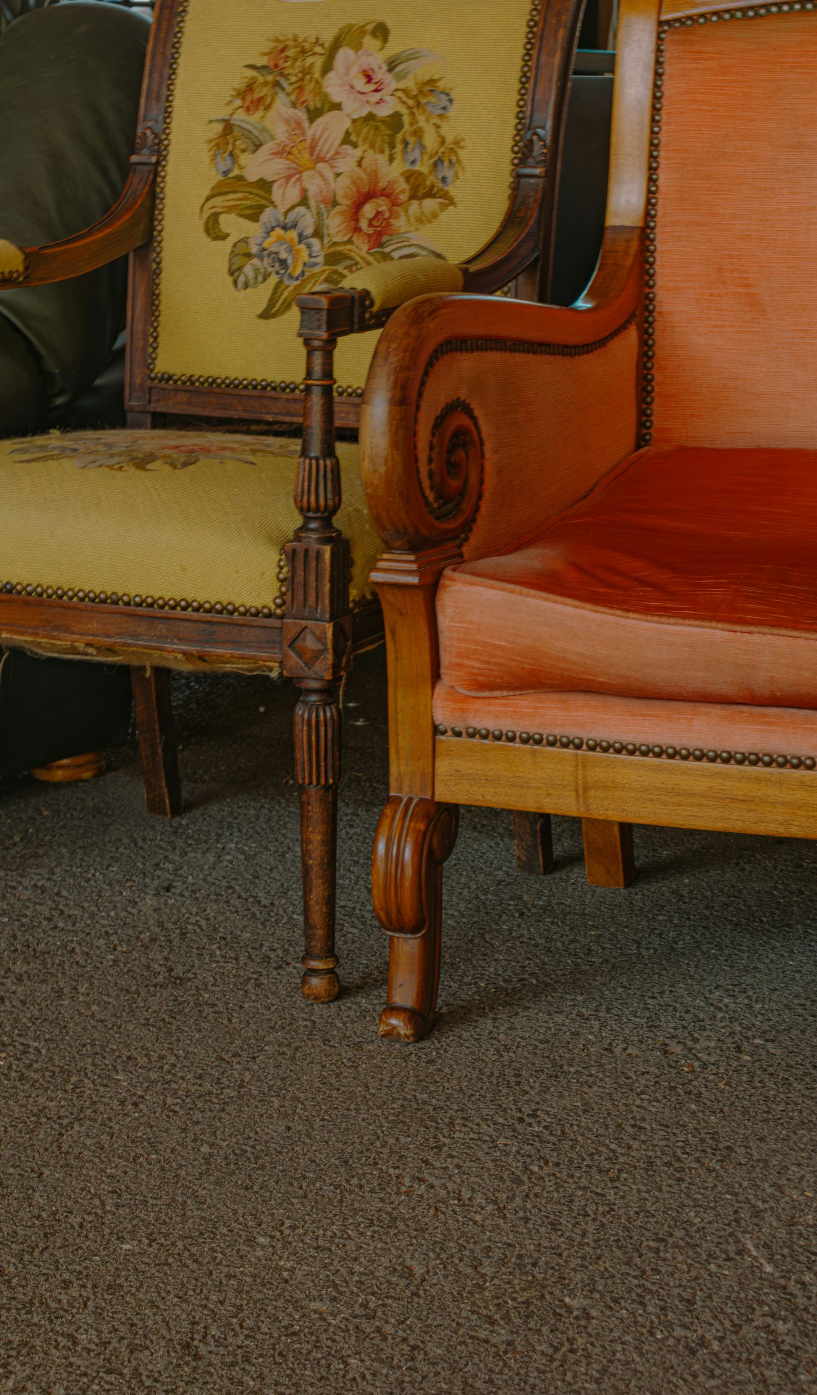 Close-up of a stained and worn-out carpet in need of cleaning