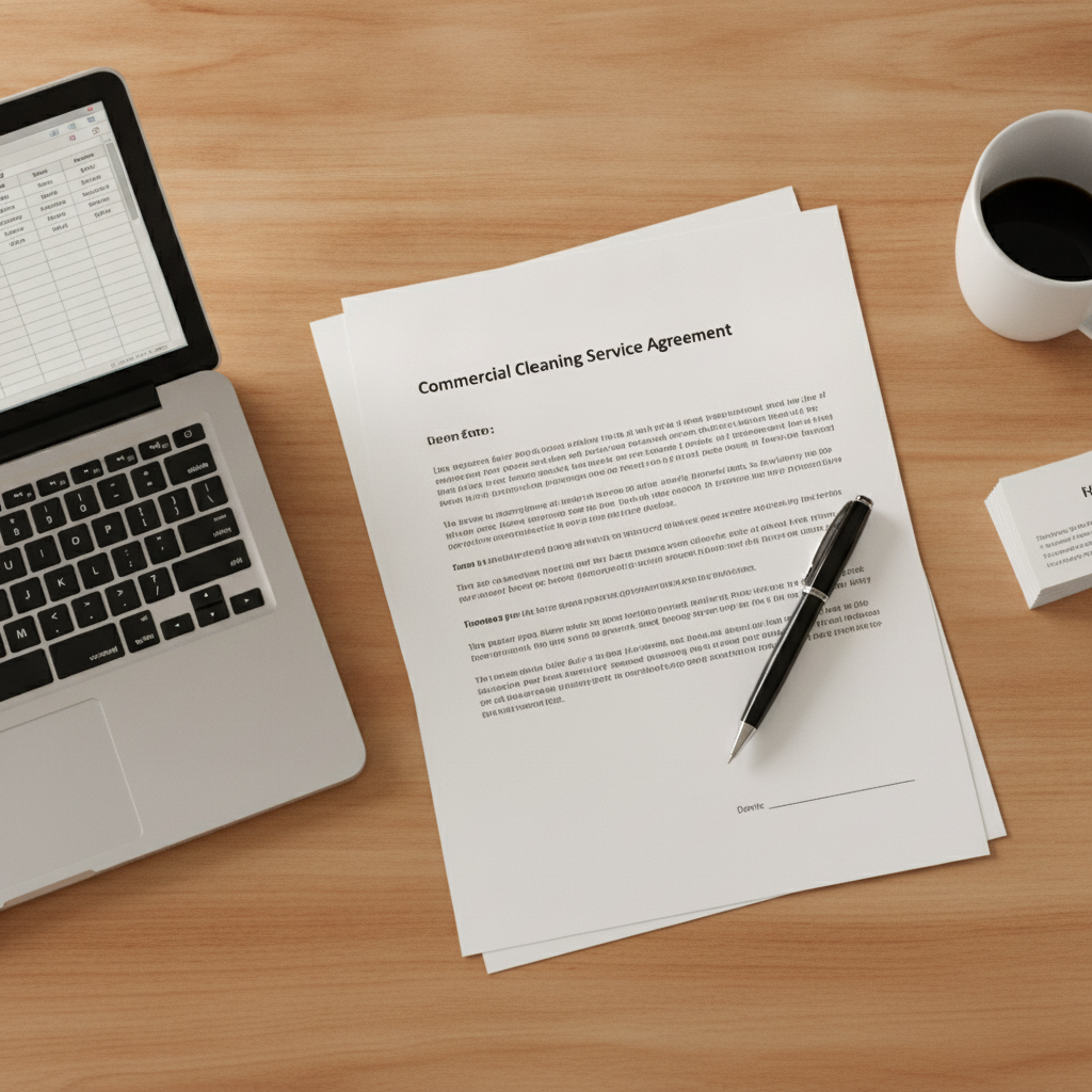 Commercial cleaning service agreement document with pen and laptop on a desk