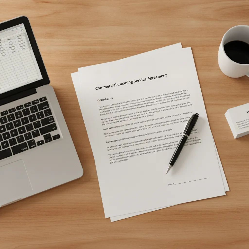 Commercial cleaning service agreement document with pen and laptop on a desk