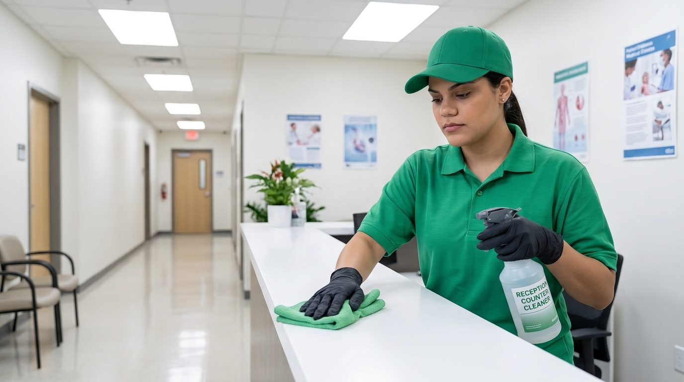 Cleaning professional in green polo wiping down a reception counter in a medical clinic