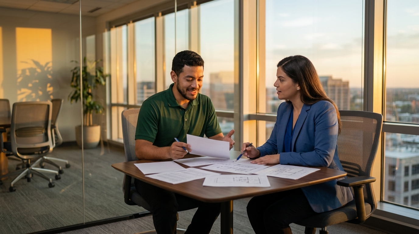 Cleaning team supervisor and facility manager reviewing service documents at a conference table