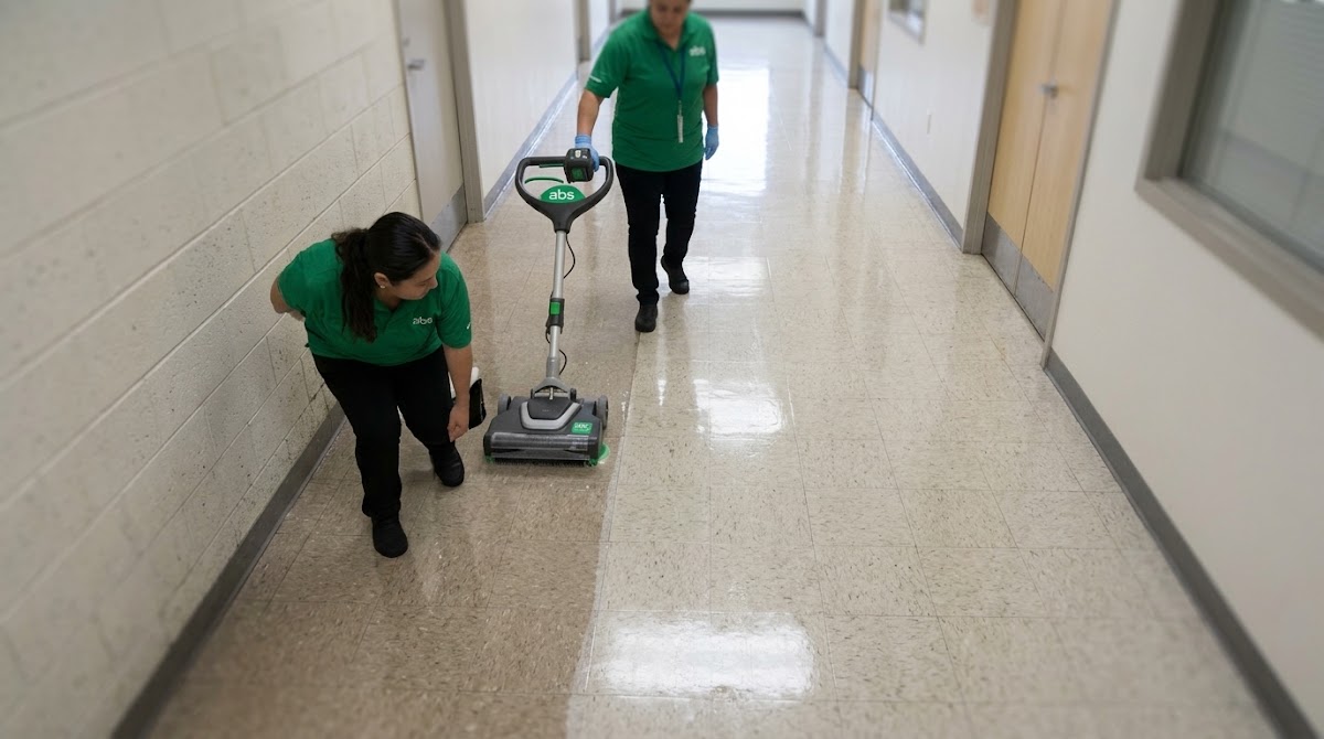 Professional cleaner operating an auto scrubber on a commercial hallway floor