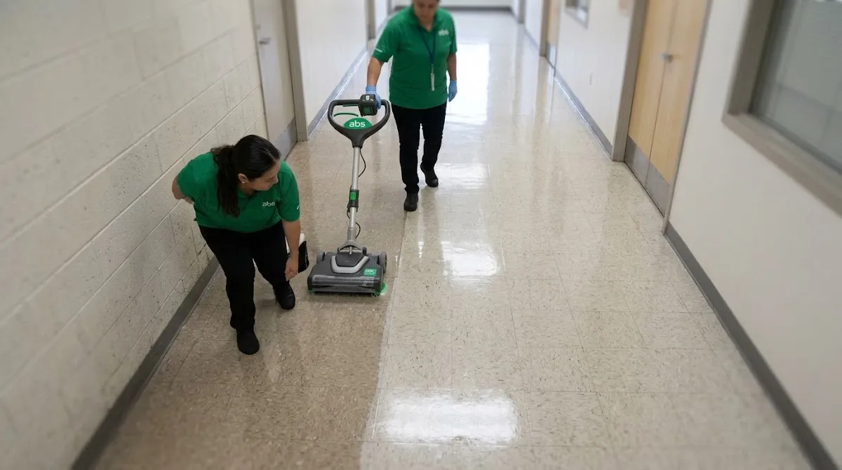 Professional cleaner operating an auto scrubber on a commercial hallway floor