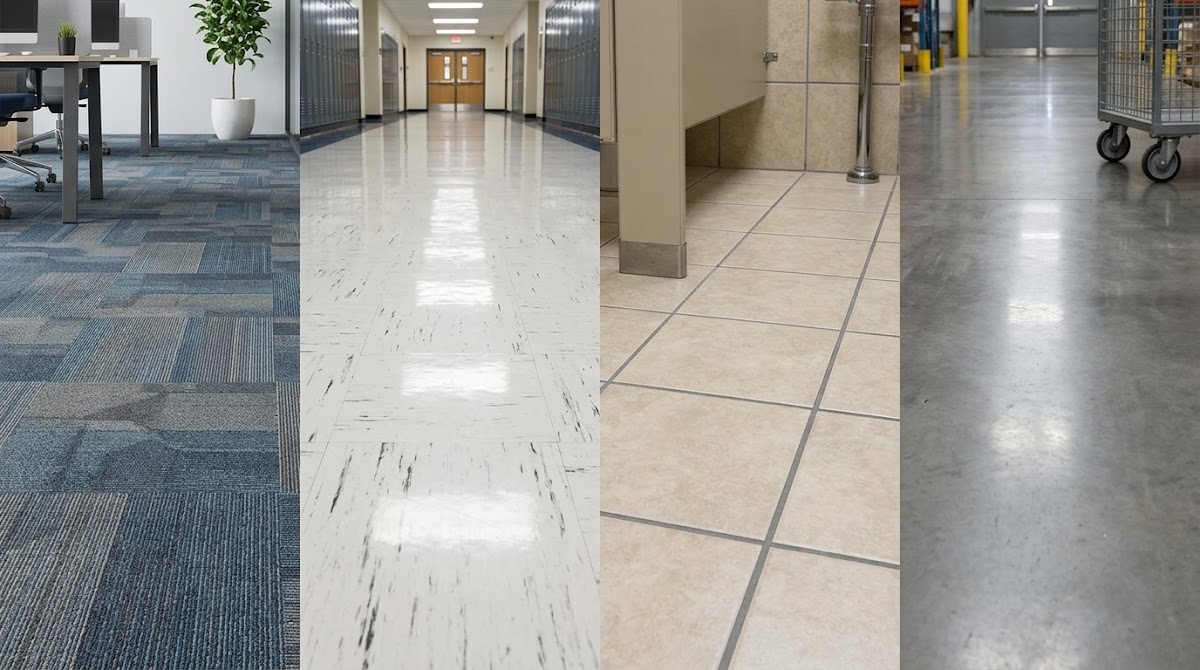 Four different commercial floor types showing carpet, VCT, ceramic tile, and concrete