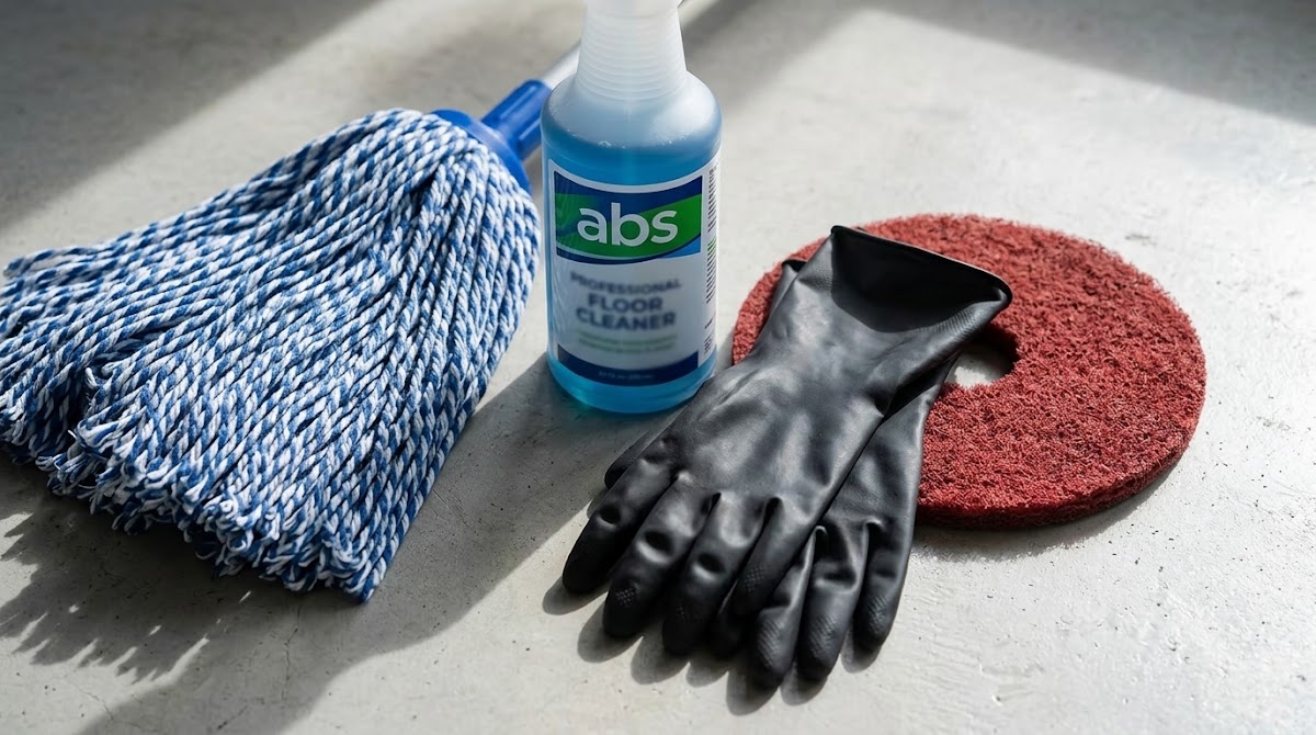 Professional floor cleaning supplies including microfiber mop, spray bottle, and floor pads