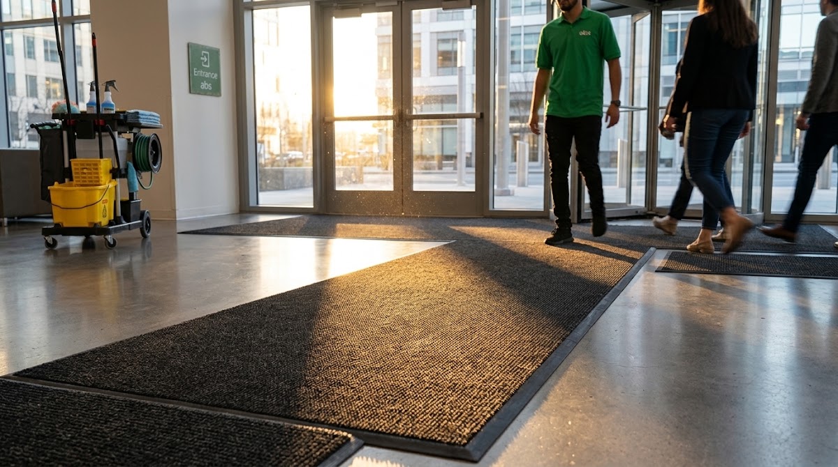 Commercial building entrance with long walk-off mat system catching dirt from foot traffic