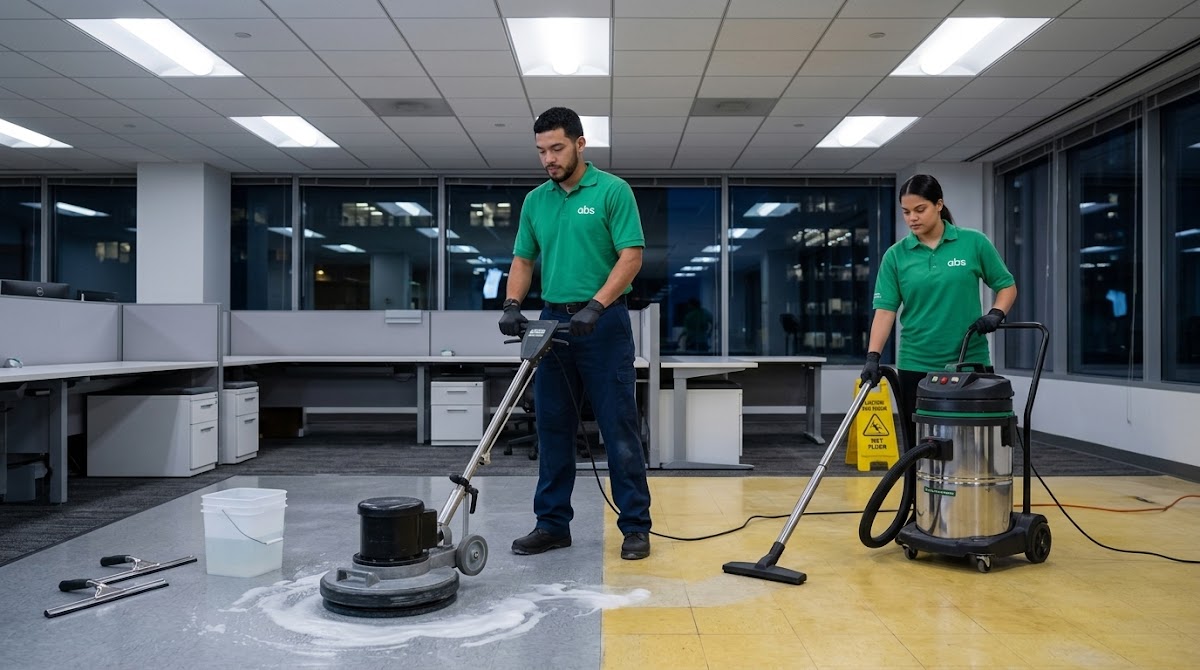 Professional cleaning crew stripping and waxing a VCT floor in a commercial office
