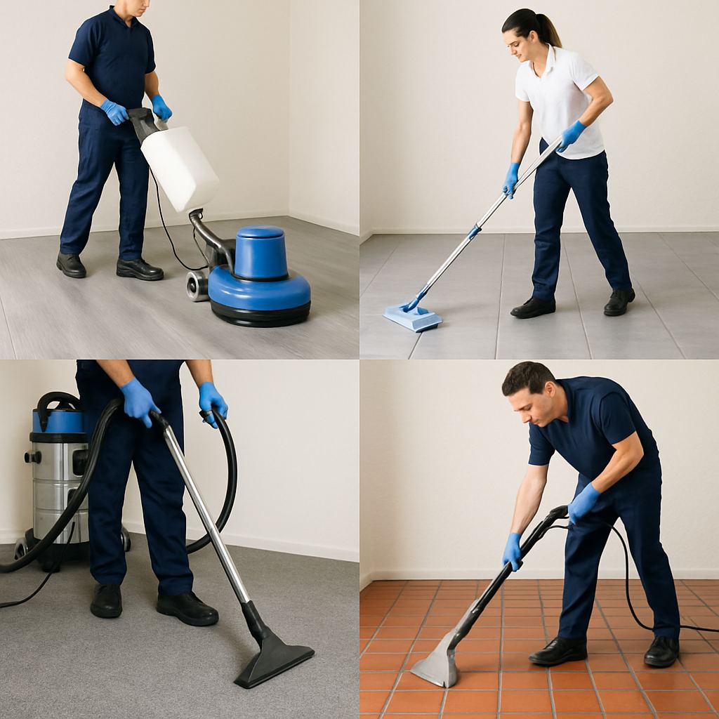 A variety of floor types being cleaned by professionals