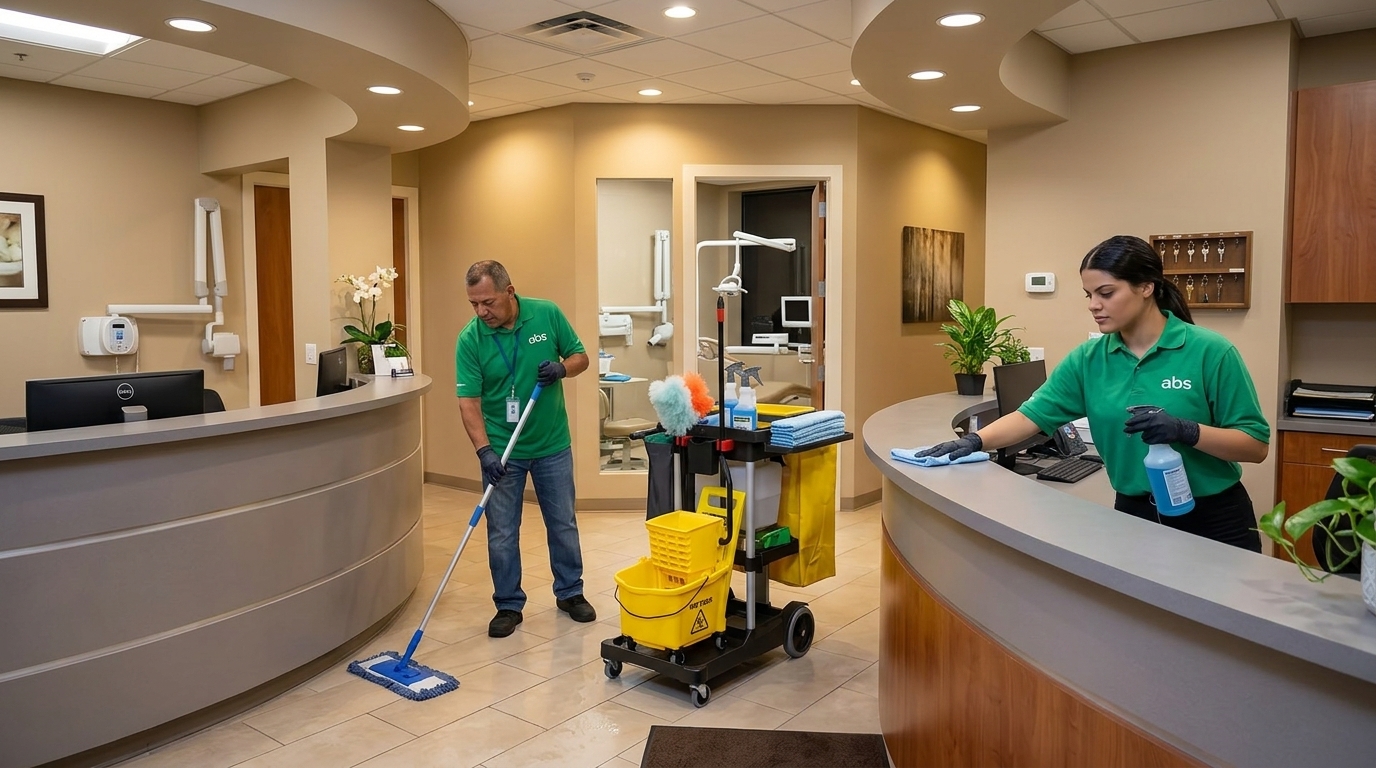 Two ABS crew members mopping floors and wiping counters in a dental office reception area