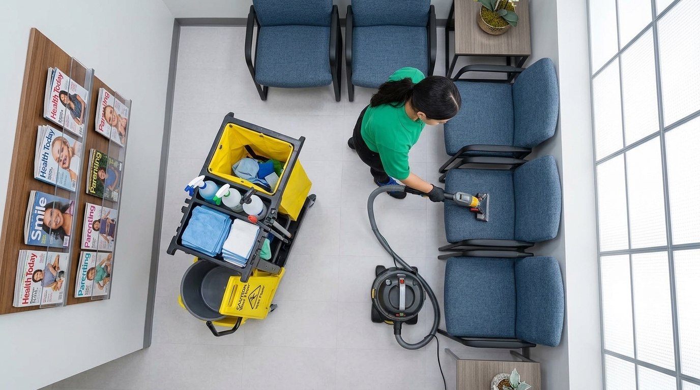 Overhead view of a crew member vacuuming waiting room chairs next to a cleaning cart