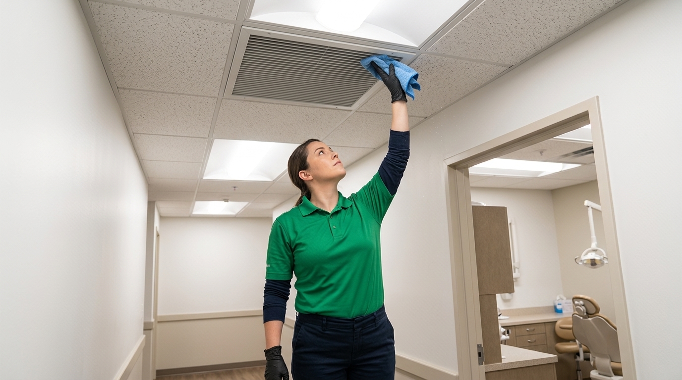 Crew member wiping an HVAC ceiling vent with a microfiber cloth in a dental hallway