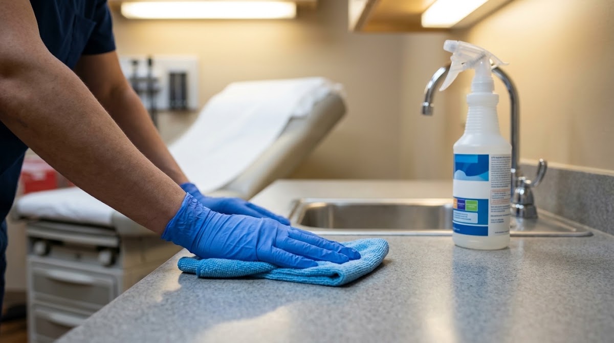 Gloved hand wiping down a medical exam room countertop with microfiber cloth