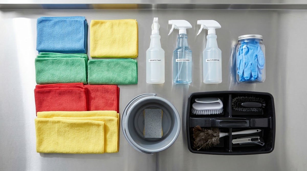 Color-coded microfiber cloths and cleaning supplies organized on a steel surface