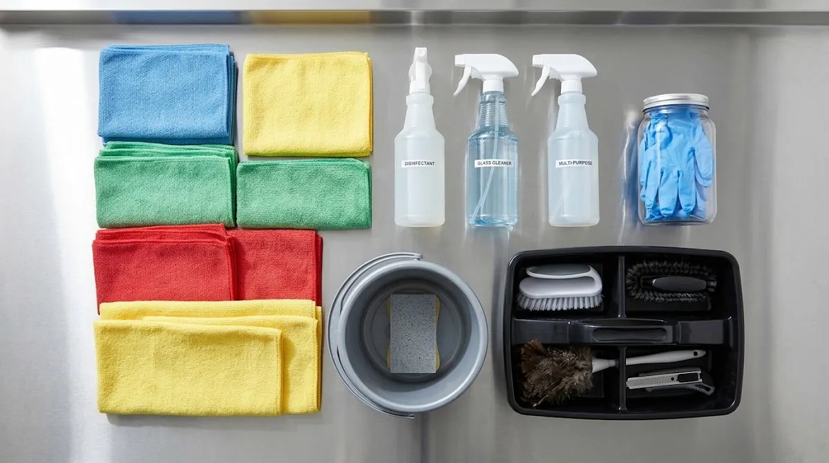 Color-coded microfiber cloths and cleaning supplies organized on a steel surface