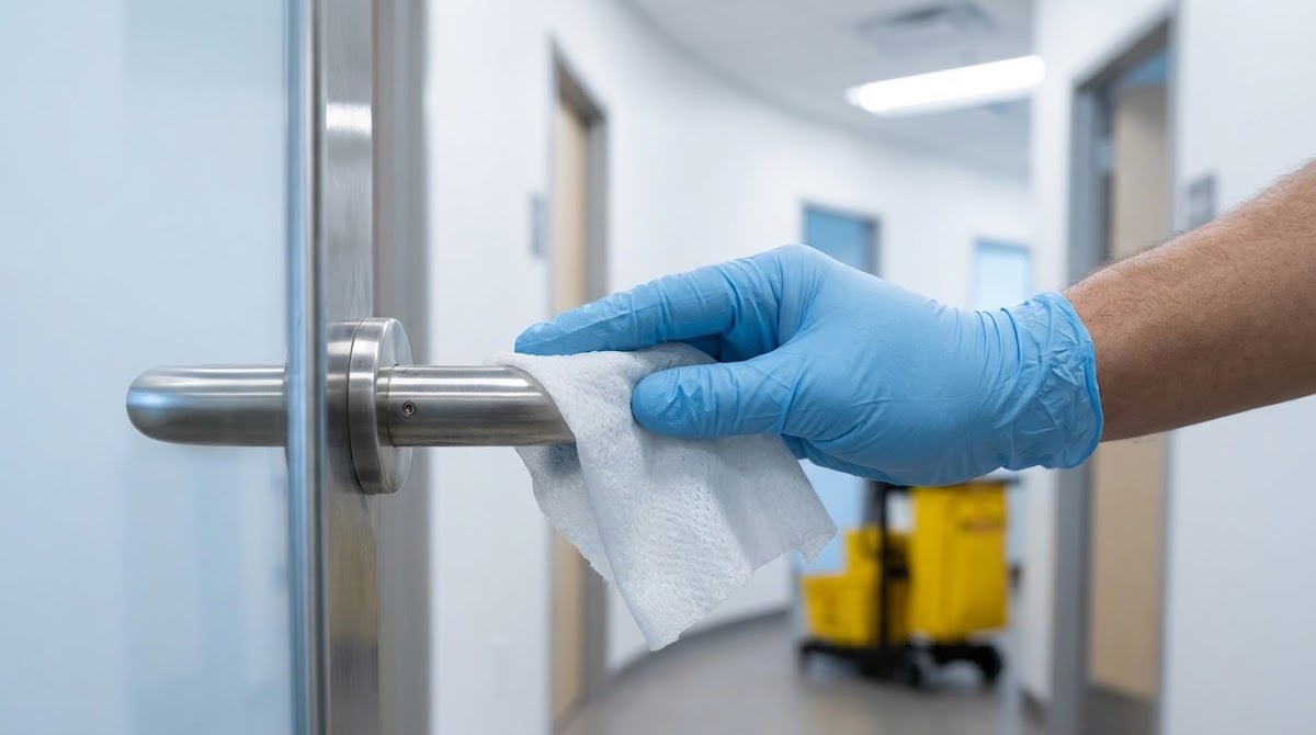 Gloved hand disinfecting a door handle with a wipe in a medical office hallway
