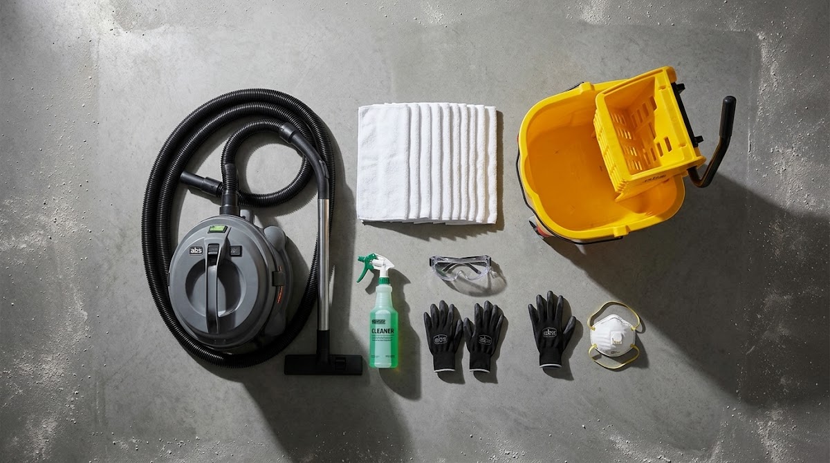 Post-construction cleaning equipment arranged on a concrete floor