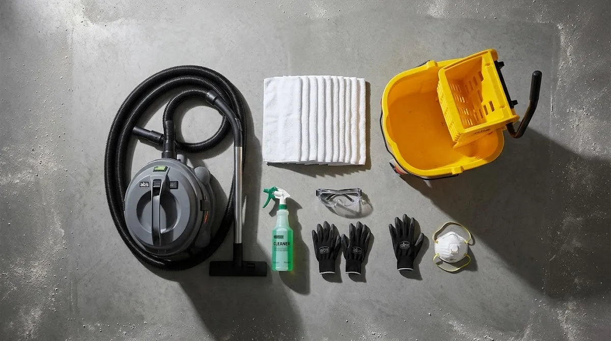 Post-construction cleaning equipment arranged on a concrete floor