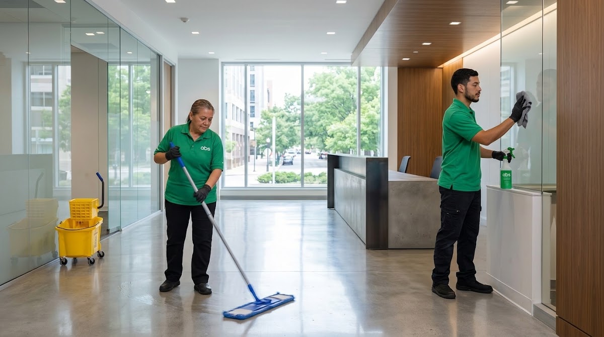 Two ABS cleaning professionals mopping and wiping glass in a renovated office lobby