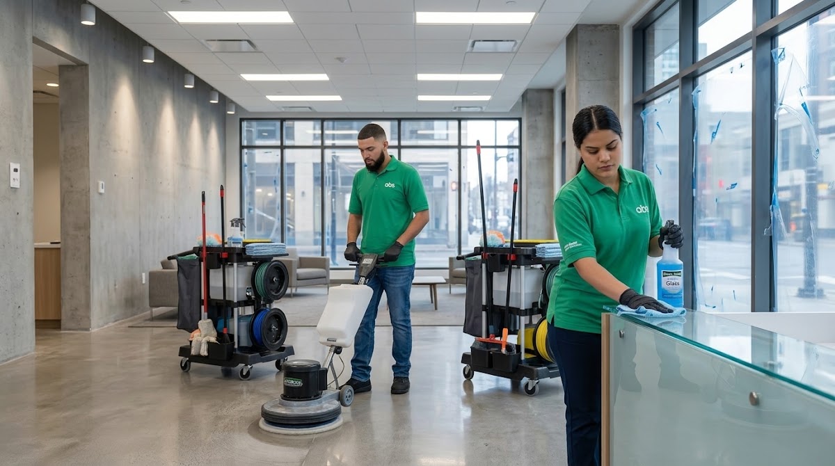 Cleaning professionals buffing floors and wiping surfaces in a newly built commercial lobby