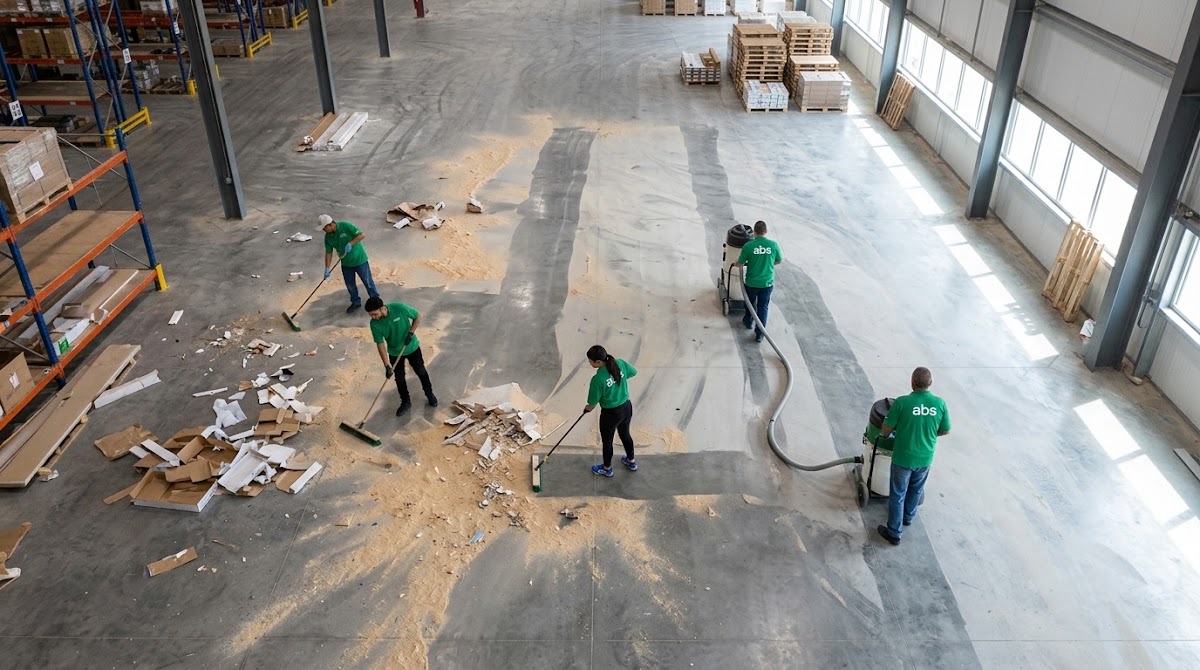 Overhead view of an industrial floor space being swept clean after construction