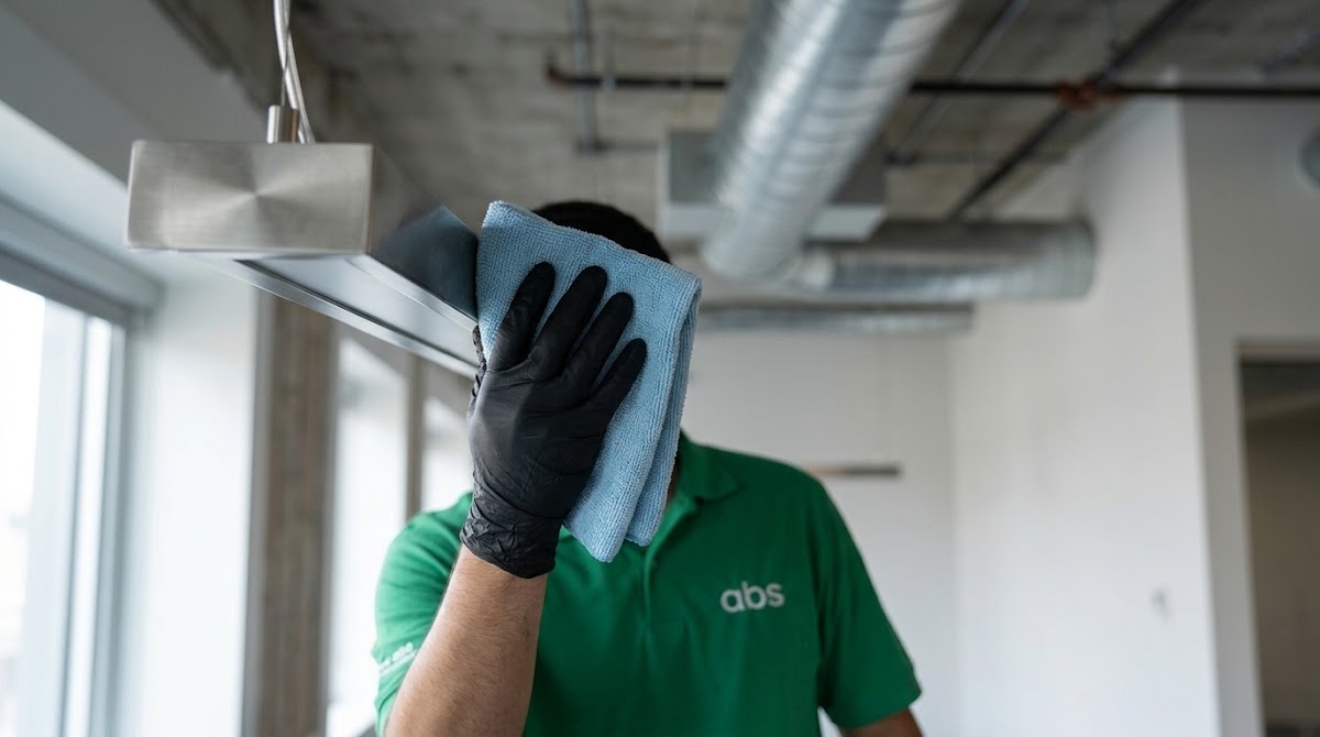 Close-up of a crew member wiping down a fixture in a freshly constructed office