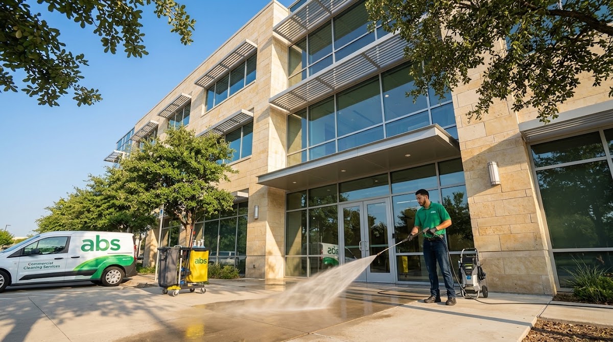 Exterior pressure washing of a commercial building entrance on a sunny Texas day