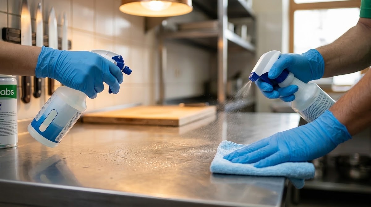 Gloved hands spraying and wiping a stainless steel prep table in a commercial kitchen