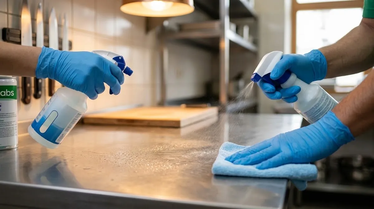 Gloved hands spraying and wiping a stainless steel prep table in a commercial kitchen