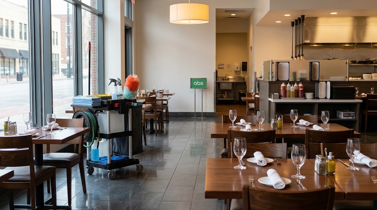 Restaurant dining room with polished tables and cleaning cart near large windows