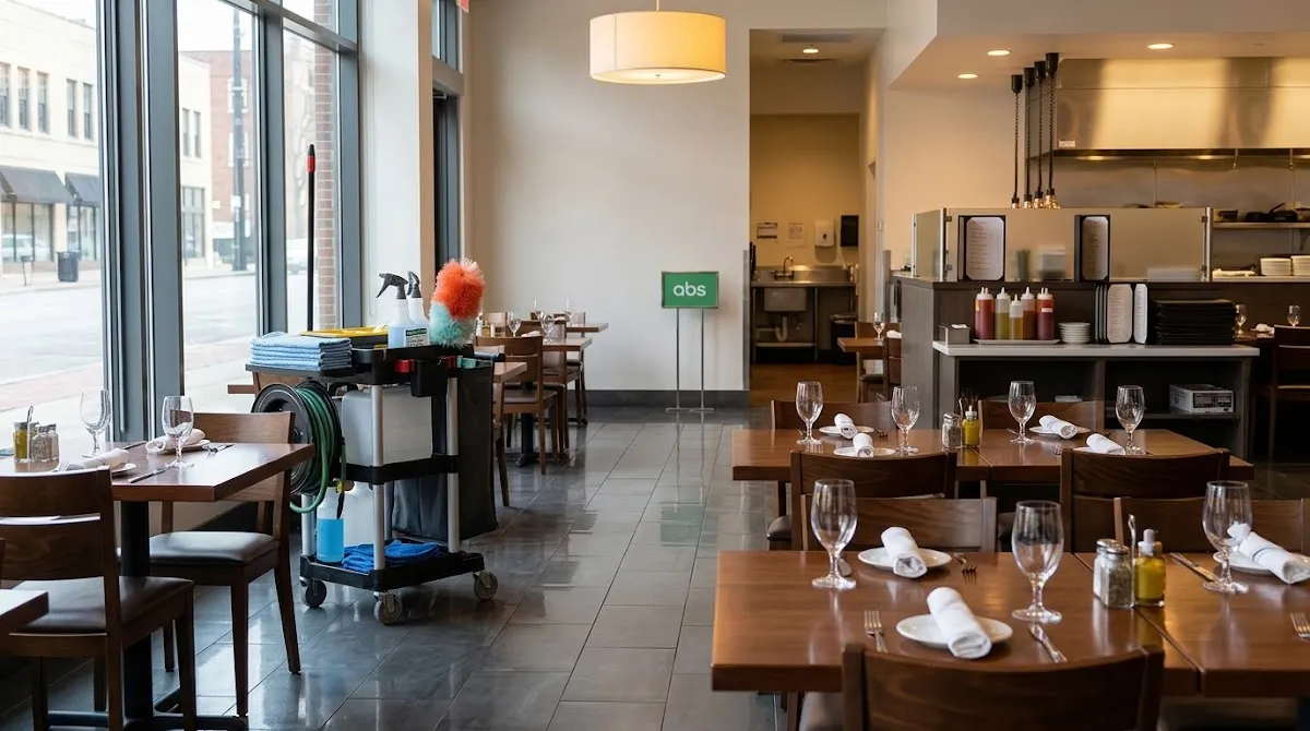 Restaurant dining room with polished tables and cleaning cart near large windows
