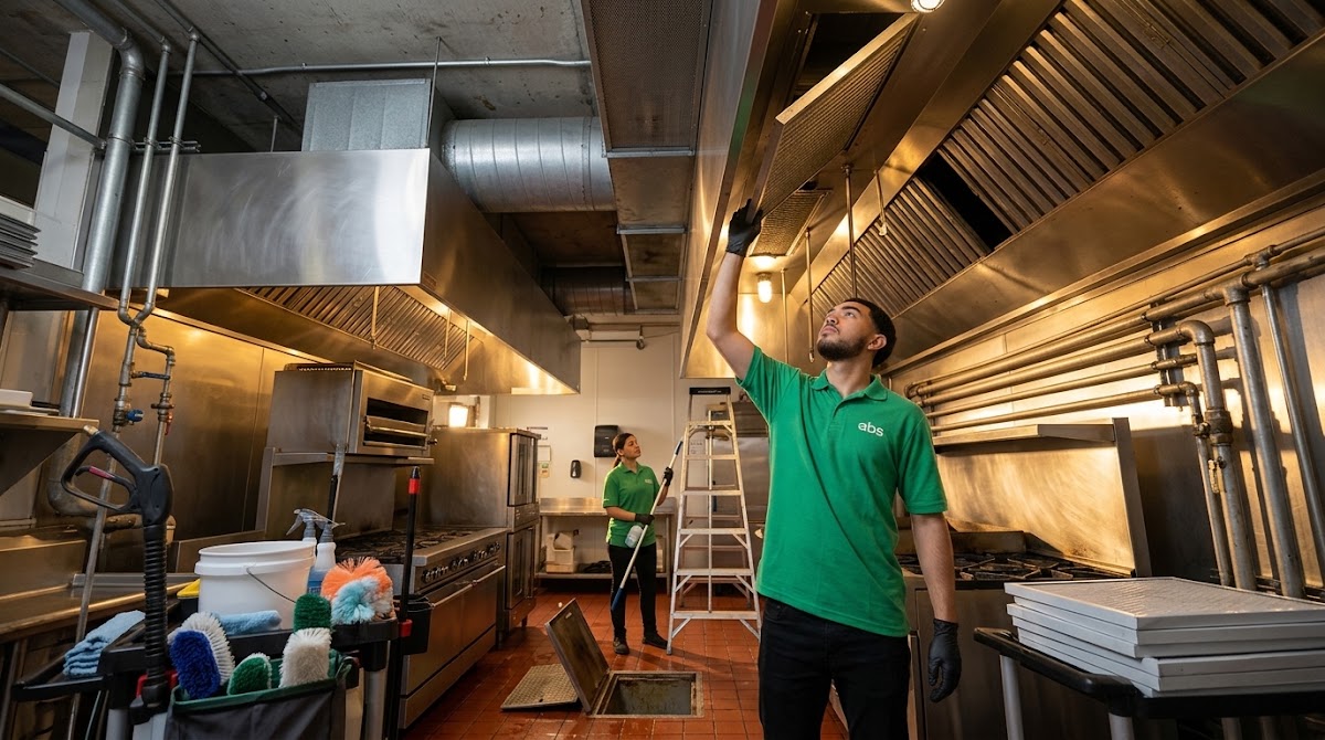 Cleaning crew members in green uniforms deep cleaning a commercial kitchen exhaust hood