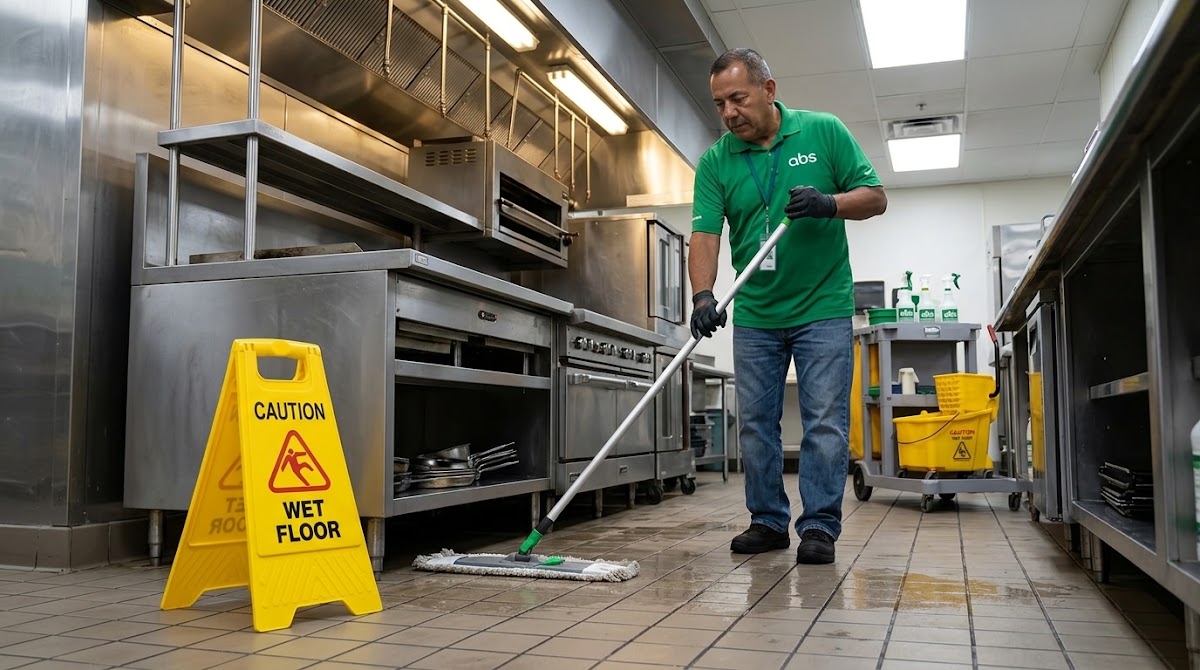 Cleaning professional in green ABS uniform mopping a commercial kitchen floor with wet floor sign
