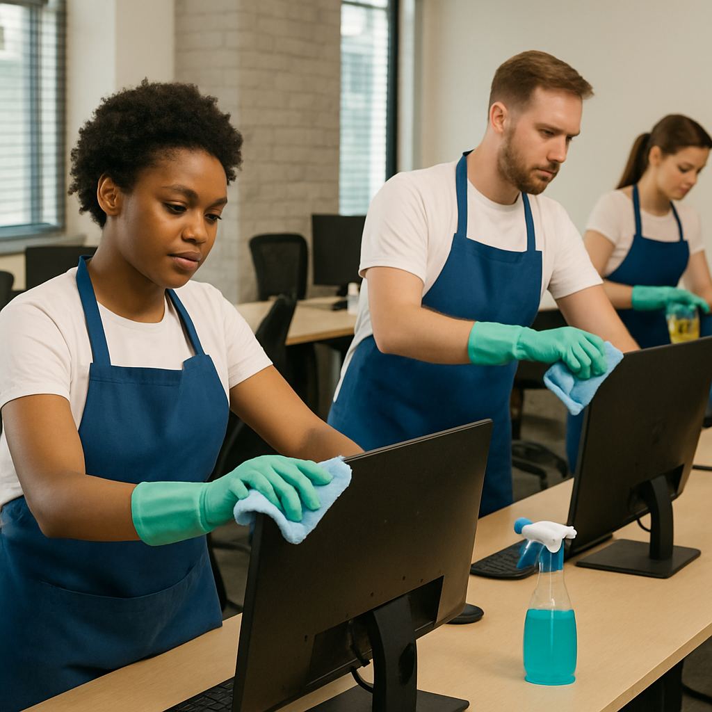 Janitorial staff wiping down office desks and computer monitors in a commercial space
