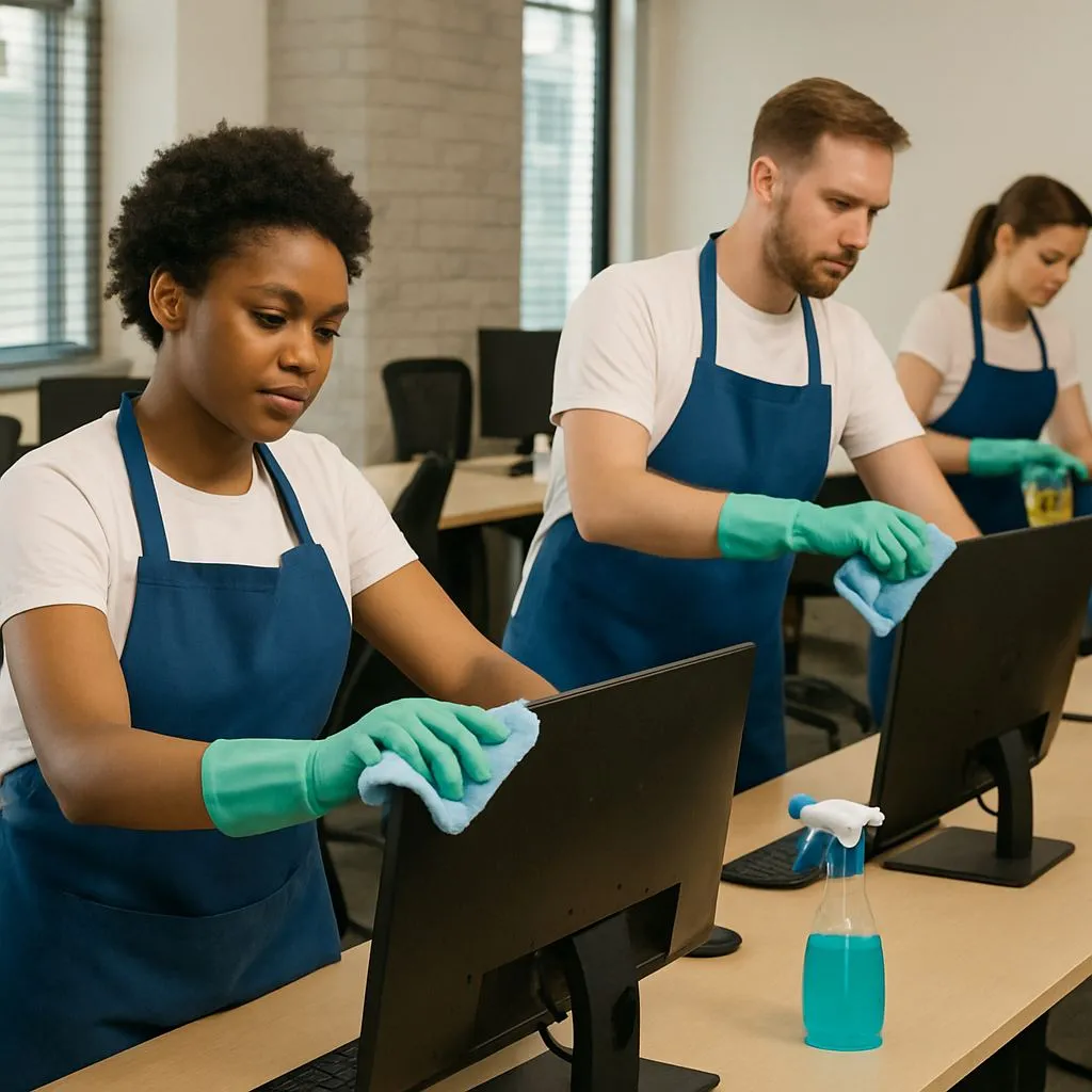 Janitorial staff wiping down office desks and computer monitors in a commercial space